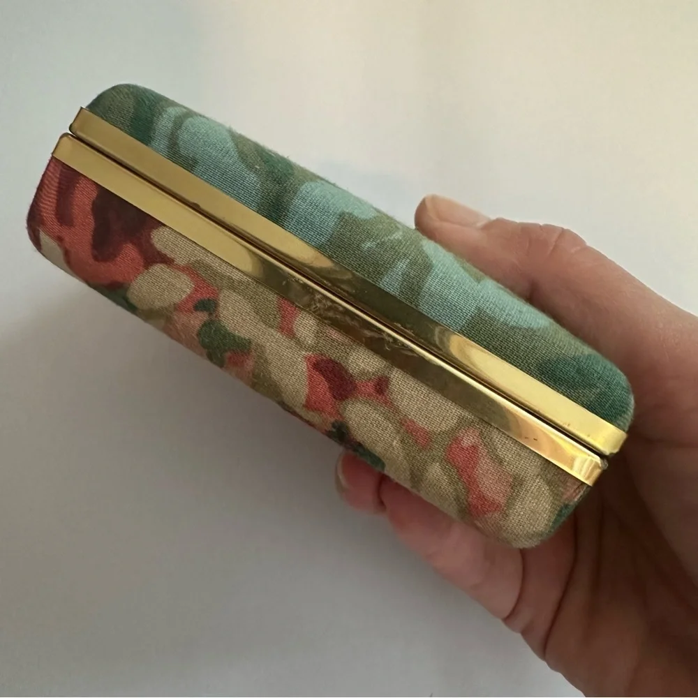 Vintage Floral Fabric Covered Jewelry Box Clam Shell With Mirror